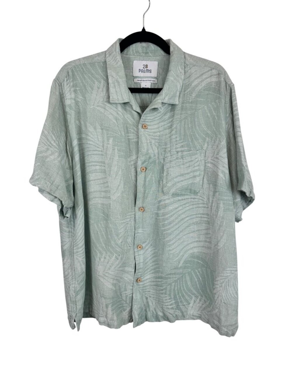 28 Palms Mens XL Green Palm Leaf Print Short Sleeve Silk Linen Blend Shirt